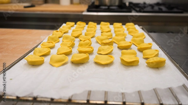 Fototapeta Handmade Italian Tortellini Arranged Carefully on a Tray in a Professional Kitchen Setting Ready for Cooking and Enjoyment