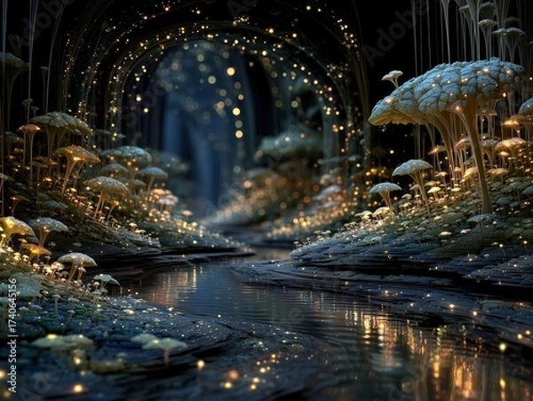 Fototapeta Pearlescent Forest Microscopic Mycelial Networks Photon Communication River Pathway