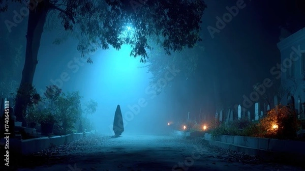 Fototapeta Mysterious Figure in a Foggy Cemetery at Night Creates a Spooky Atmosphere