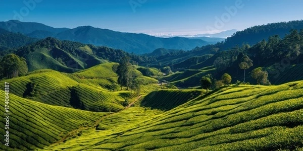 Obraz A breathtaking panoramic view showcases a vast, undulating tea plantation nestled within a mountainous landscape. Lush, vibrant green tea bushes cover the rolling hills, 