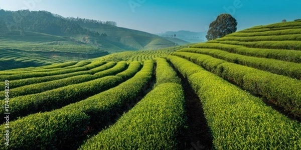 Obraz A breathtaking panoramic view showcases a vast, undulating tea plantation stretching across a rolling hillside. The meticulously terraced fields of vibrant green tea bushes create a dramatic, 