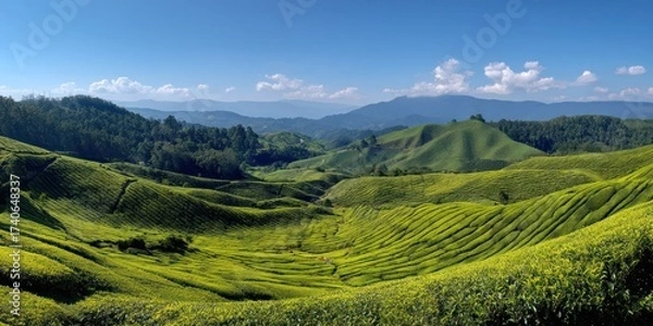 Obraz A breathtaking panoramic view showcases a vast, undulating landscape of terraced tea plantations bathed in sunlight. Rolling green hills, meticulously sculpted into stepped rows, 