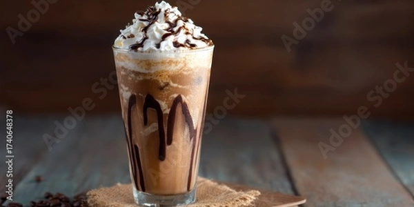 Obraz A tall, clear glass filled with a chocolate milkshake is presented against a dark wooden surface. The milkshake is layered with ice cream and chocolate syrup, creating a visually appealing cascade...