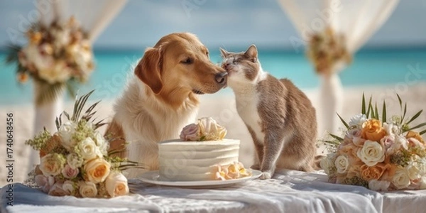 Obraz A golden retriever and a gray tabby cat share a tender moment at an outdoor wedding ceremony. The animals are seated on a white tablecloth covered table adorned with a tiered white cake decorated...