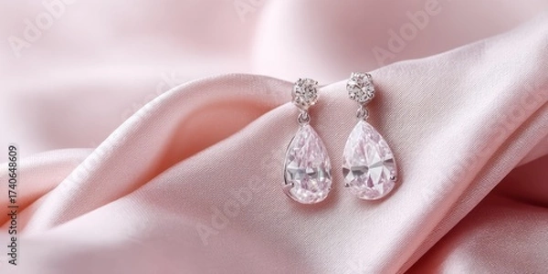 Obraz A pair of elegant, pink diamond drop earrings rests delicately on a soft, blush pink silk fabric. The earrings feature two round, faceted pink gemstones suspended from slender, white metal settings. 