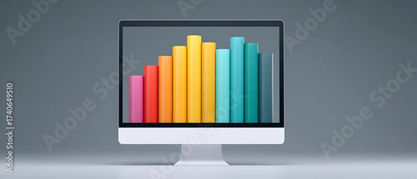 Fototapeta Computer monitor displaying a colorful 3D bar chart graph, symbolizing digital data analysis, documentation, market trends, and business presentation.