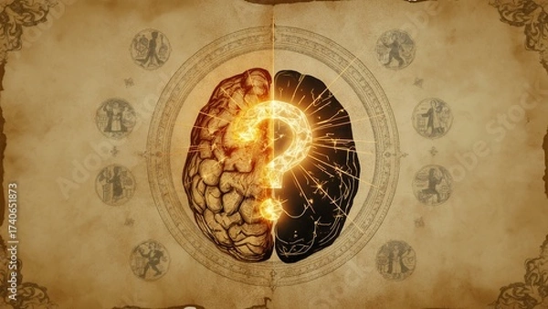 Obraz Mysterious Brain with Glowing Question Mark on Ancient Scroll.