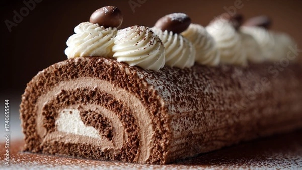 Fototapeta Perfectly Rolled Chocolate Roulade on a Warm Brown Background. The cake is garnished with piped cream and a chocolate piece.