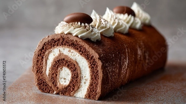 Fototapeta Patisserie Showcase - Chocolate Sponge Cake with perfect swirl of bright white cream filling, contrasting beautifully with the dark chocolate sponge. 