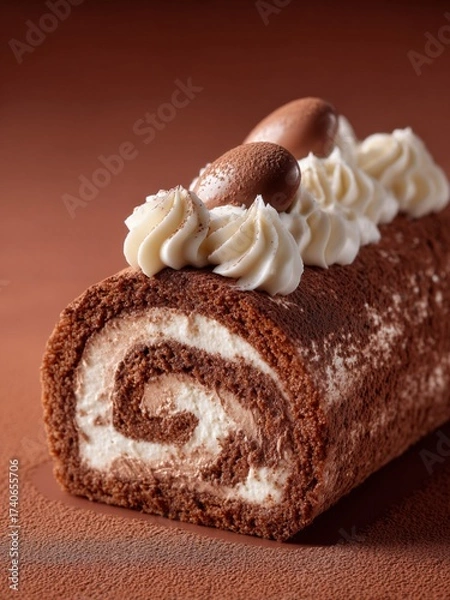 Obraz Rich Chocolate Swiss Roll with Cream Filling, Dusted with Cocoa Powder. The image emphasizes the soft texture of the cream and the velvety finish of the cocoa-dusted cake.