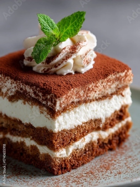 Obraz Gourmet Italian Tiramisu Served on a Ceramic Plate with Whipped Cream and Mint Garnish. Ideal for menus and high-end dessert advertising.

