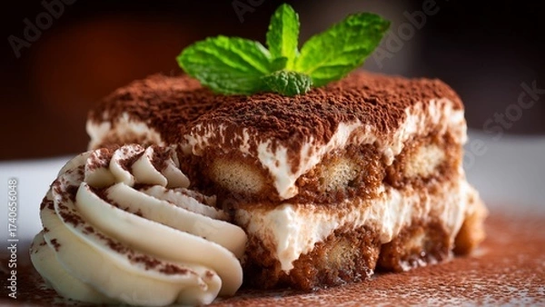 Fototapeta High-Key Studio Shot of Traditional Tiramisu with Whipped Cream Garnish. Cocoa powder is artfully scattered around the base of the slice, adding depth and focusing attention on the moist.