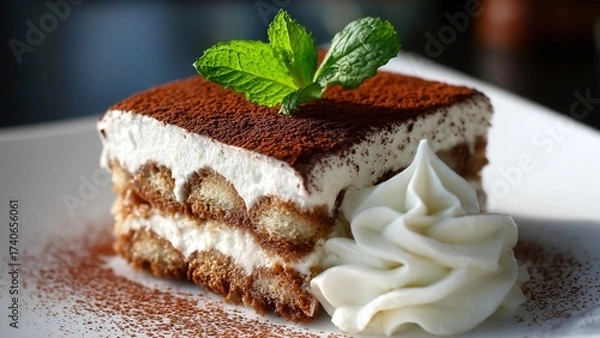Obraz Decadent Square Slice of Tiramisu with Mint and Cream Rosette, porous texture of the cake and the smoothness of the cream, suitable for both digital and print media applications.


