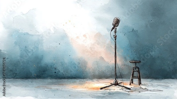 Fototapeta A watercolor illustration of a microphone and a stool on a stage, with soft lighting and a textured background, evoking a sense of performance and creativity.