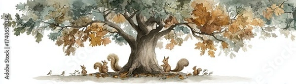 Fototapeta A whimsical illustration of a large tree surrounded by playful squirrels, showcasing the beauty of nature in autumn.