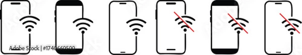 Obraz WIFI with  smart phone icon. no wifi signal connection error smart phone icon. Disconnect wifi icon set. Lost wireless fidelity connection, no Wi-Fi connection sign symbol. No wifi forbidden sign.
