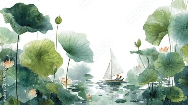 Fototapeta A serene watercolor scene of a boat navigating through lush green lily pads and blooming lotus flowers on a tranquil water surface.