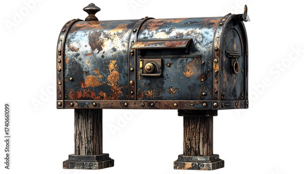 Fototapeta Traditional mailbox with post, metallic finish, isolated on transparent background,PNG.