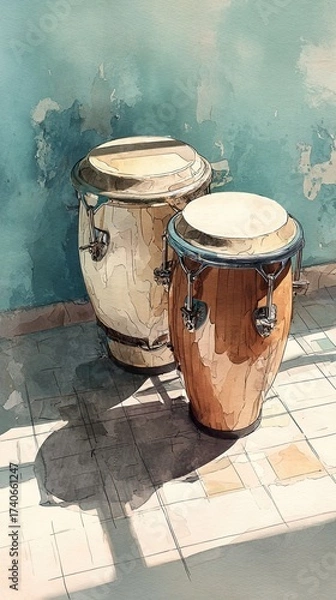 Fototapeta Two conga drums sit on a tiled floor, casting shadows against a textured wall, showcasing a vibrant and artistic ambiance.