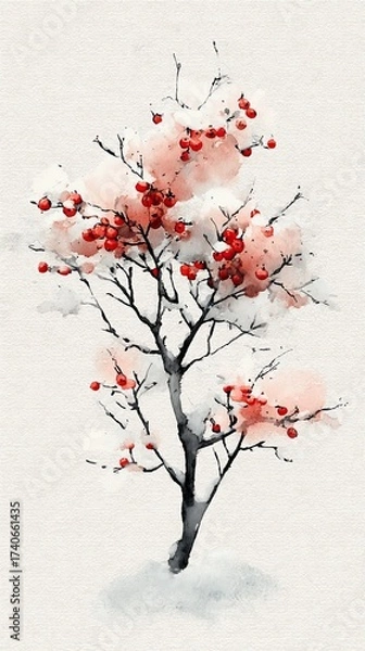 Fototapeta A delicate watercolor painting of a tree adorned with red berries and soft pink blossoms, set against a textured light background.