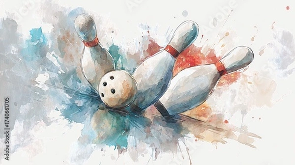 Fototapeta A colorful, artistic depiction of bowling pins being knocked down by a bowling ball, showcasing dynamic motion and splashes of color.