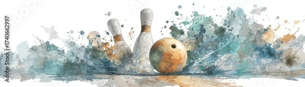 Fototapeta A vibrant watercolor illustration of a bowling ball striking pins, creating a splash of colors and motion.