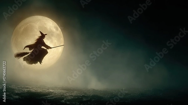 Fototapeta A Silhouette of a Witch Flying on a Broomstick in Front of the Full Moon