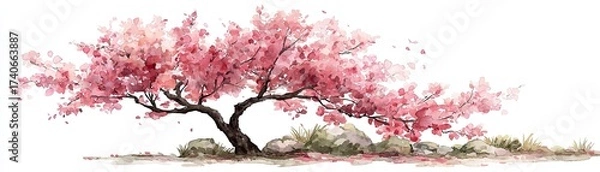 Fototapeta A vibrant pink flowering tree with delicate petals, set against a simple background, reflecting the beauty of nature and springtime.