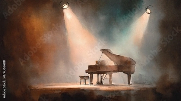 Fototapeta A grand piano illuminated by soft spotlights, set against a warm, atmospheric backdrop, creating a serene and artistic ambiance.
