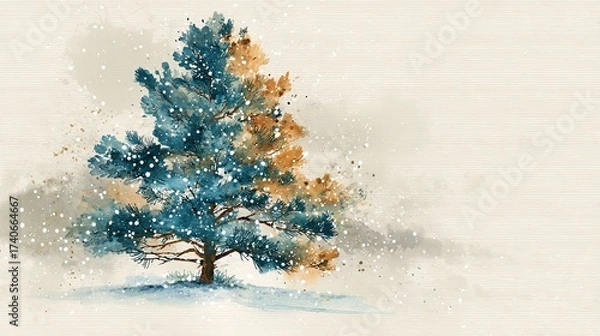 Fototapeta A watercolor painting of a pine tree, featuring a blend of blue and orange hues, set against a soft, textured background.