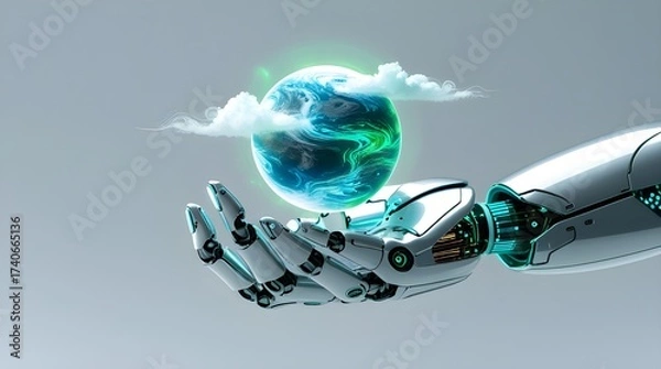 Fototapeta Robotic Hand Holding Earth with Futuristic Technology and Sci-Fi Digital Illustration