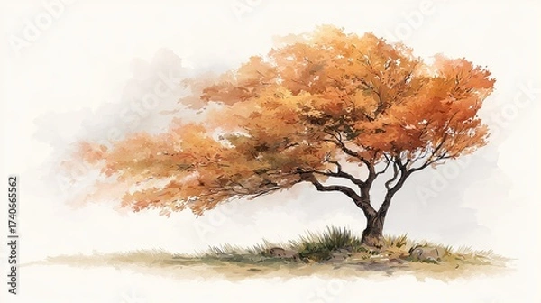 Fototapeta A vibrant autumn tree stands alone on a grassy hill, showcasing bright orange leaves against a soft, cloudy background.