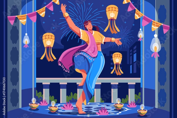 Fototapeta Vector illustration of an Indian woman dancing during the Diwali festival, surrounded by lanterns, diyas, fireworks, and festive decorations. Perfect for celebrating the Festival of Lights