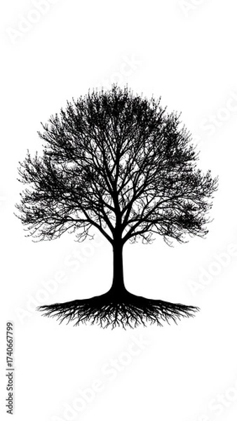 Obraz Silhouetted tree with roots against white background