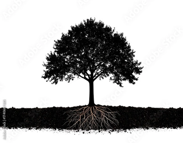 Obraz Silhouetted tree with roots in soil