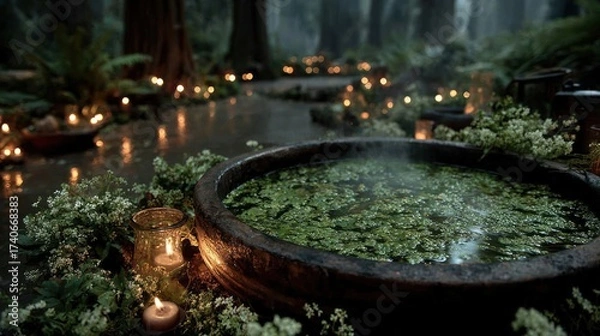 Fototapeta Mystical forest scene featuring a candlelit pond and natural elements in an enchanting setting