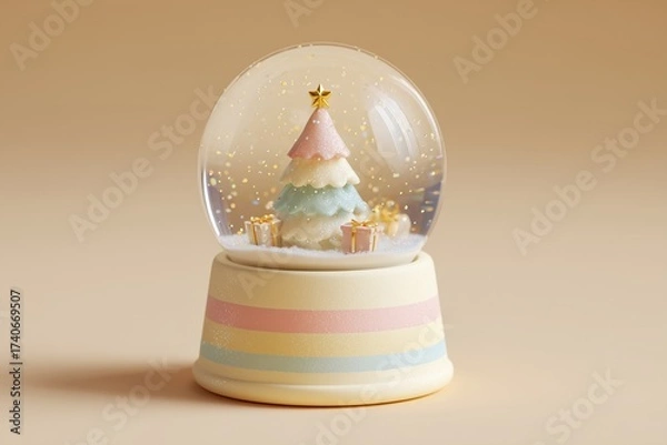 Fototapeta Colorful Christmas tree snow globe with pastel decorations and gifts resting on a soft beige background during the holiday season