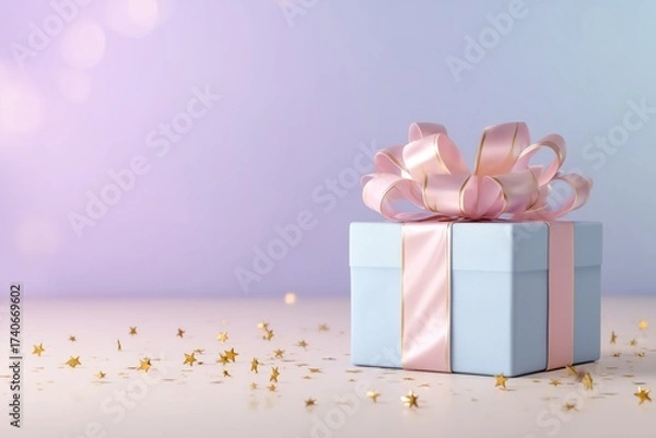 Fototapeta Gift box with pink ribbon and golden stars on table near soft pastel background, creating a festive atmosphere for celebration or special occasion