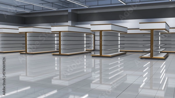 Fototapeta Supermarket interior mockup featuring rows of white gondola shelving with wood-grain edges and toppers. 3d illustration