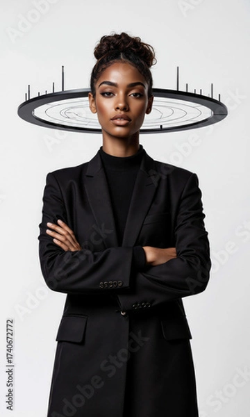 Fototapeta Black woman with floating radar ring scanning outward, symbolizing perception and awareness, isolated , 3D stylized, clean light, waist-up