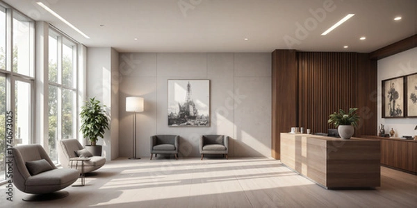 Fototapeta Bright, contemporary reception area with plush armchairs, a wooden reception desk, and light gray walls. Accent lighting from the ceiling