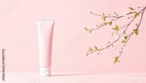 Obraz Elegant display of a cosmetic tube with spring blossoms against a soft pink backdrop for a refreshing and natural beauty concept