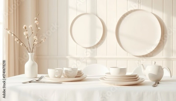 Fototapeta Elegant table setting in monochromatic tones with delicate floral arrangement, creating a peaceful atmosphere for a special occasion