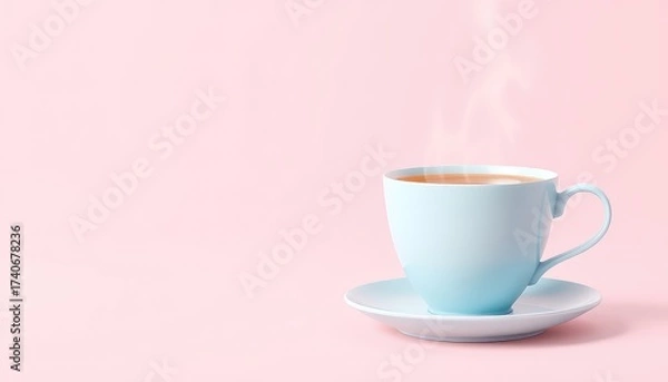 Obraz A delicate light blue cup of steaming liquid on a white saucer sits against a soft pink backdrop