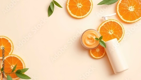 Obraz Fresh orange citrus slices and skincare product arrangement for health and beauty promotion on a soft background