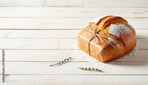 Obraz Sweet bread wrapped in brown paper, tied with twine, and decorated with green sprigs on a white wooden table