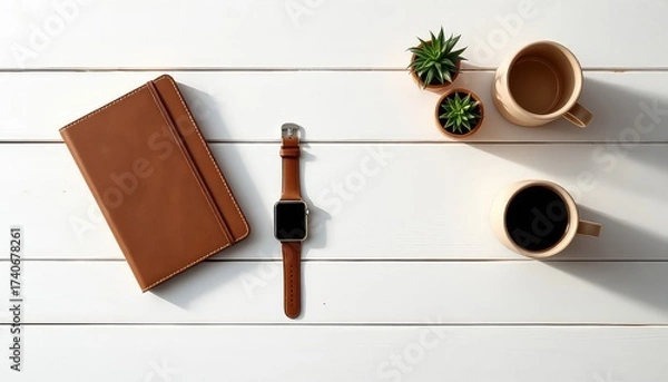 Obraz A simple morning routine with journal, smart watch, hot coffee and small succulents on a wooden desk