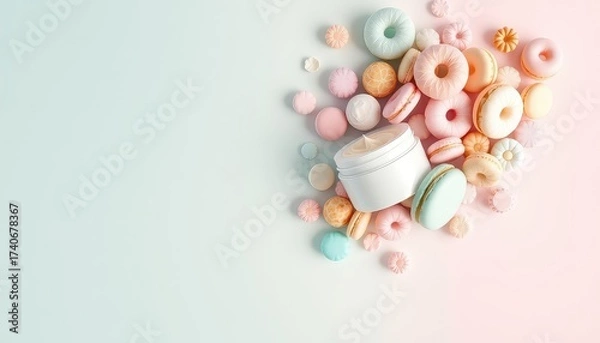 Obraz Cosmetic Cream Jar Presented with Pastel Sweets and Macarons on Light Background for a Beauty or Skincare Presentation