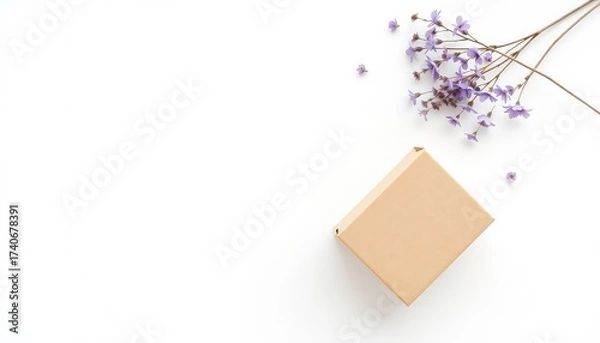 Obraz Simple gift box adorned with delicate purple flowers on a clean white surface creating a minimal aesthetic