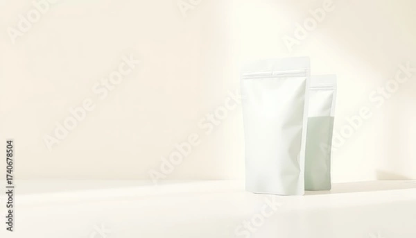 Obraz Minimalist presentation of two standing pouches with blank surfaces for package branding on a light surface